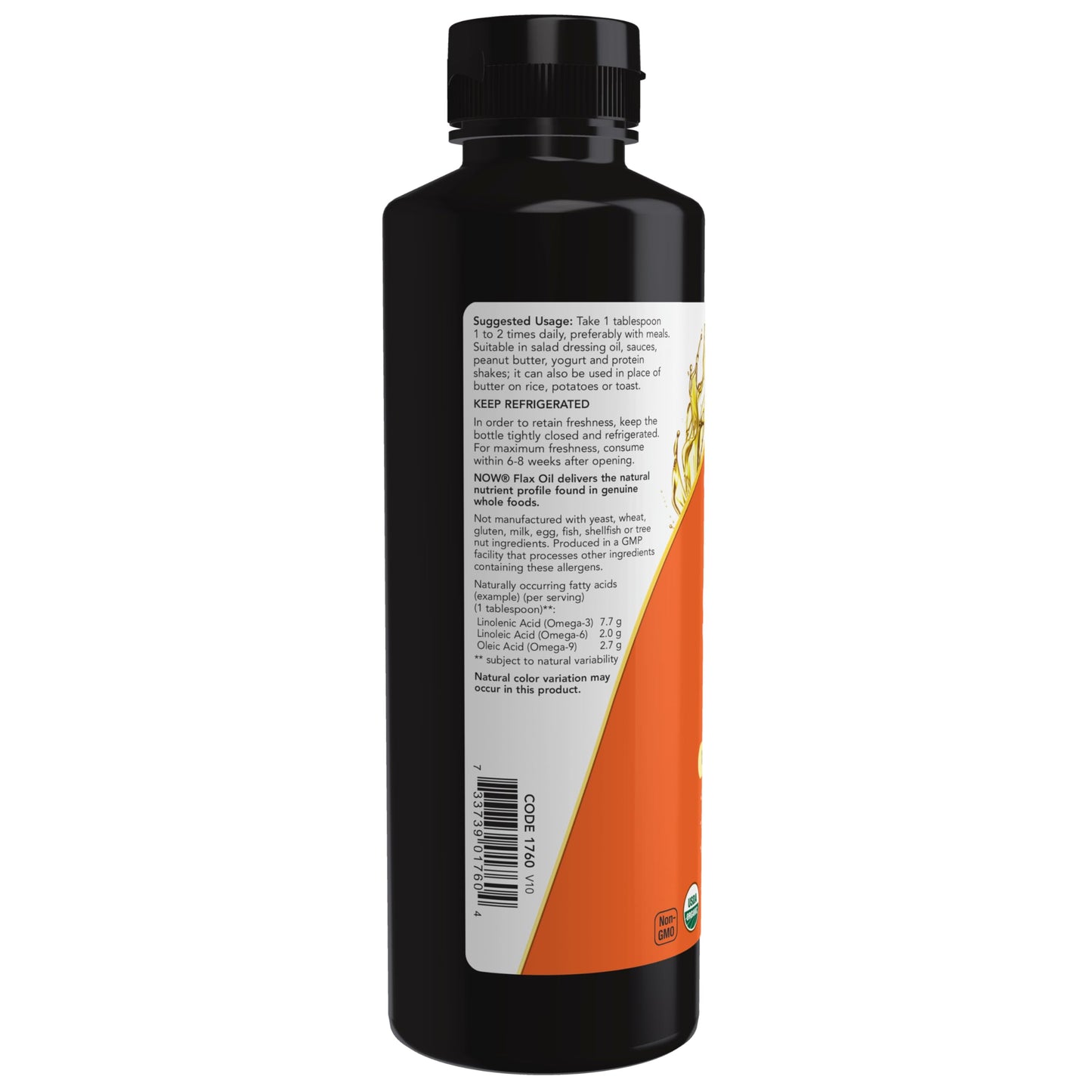 Close up of Now Foods cold pressed flax seed oil bottle