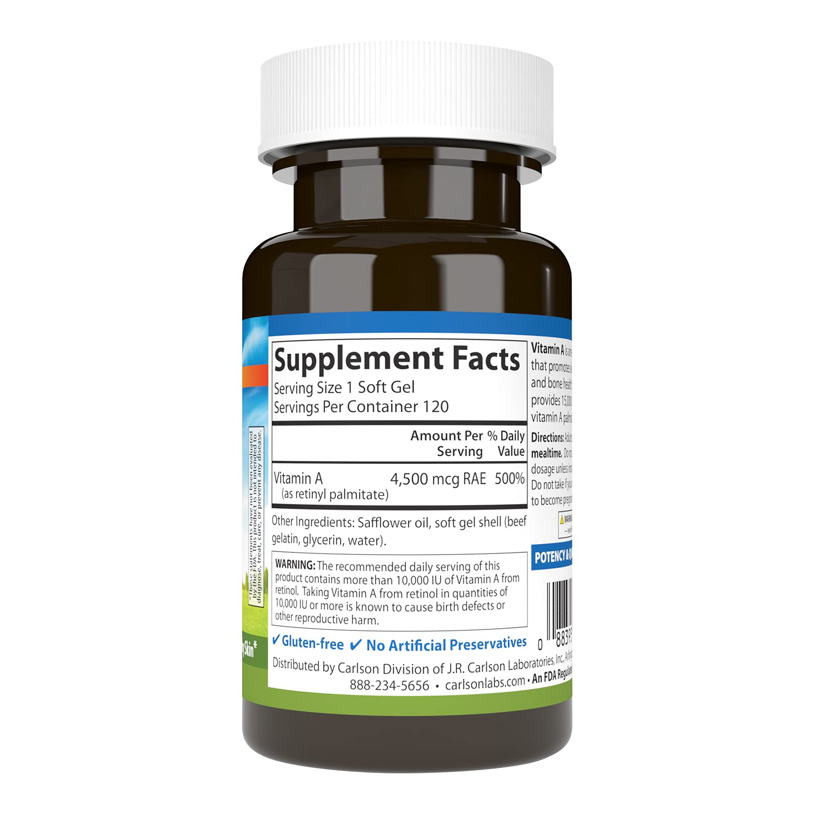 Carlson Vitamin A 15000 IU supplement label detail