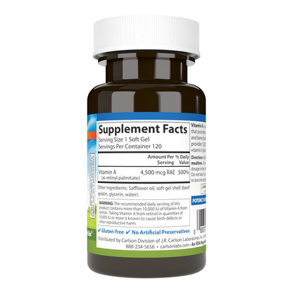 Carlson Vitamin A 15000 IU supplement label detail