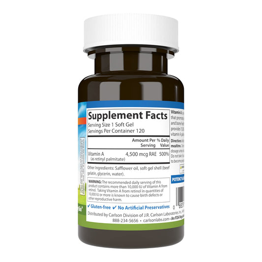 Carlson Vitamin A 15000 IU supplement label detail