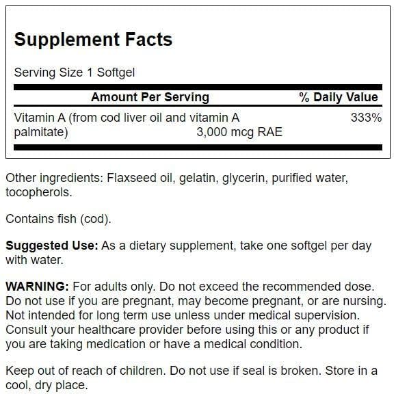 Close up of Swanson Vitamin A 250 count softgel nutritional label