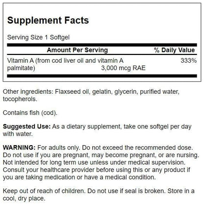 Close up of Swanson Vitamin A 250 count softgel nutritional label