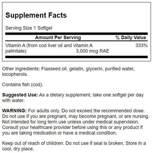 Close up of Swanson Vitamin A 250 count softgel nutritional label