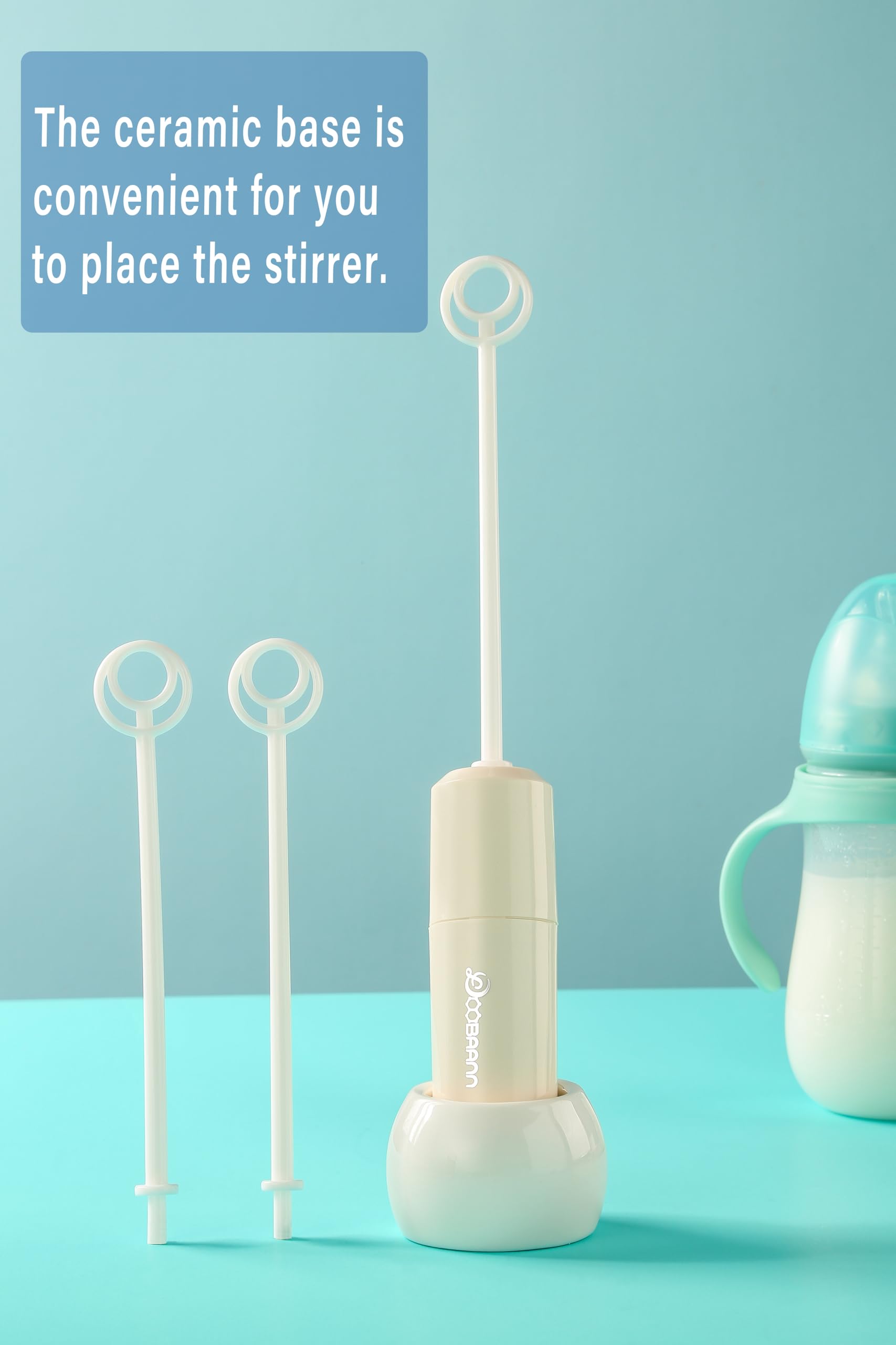 DOOBAANN electric drink stirrer in beige being used to mix protein powder without bubbles.