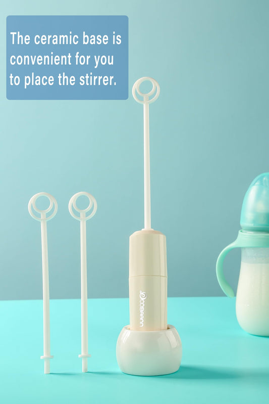 DOOBAANN electric drink stirrer in beige being used to mix protein powder without bubbles.