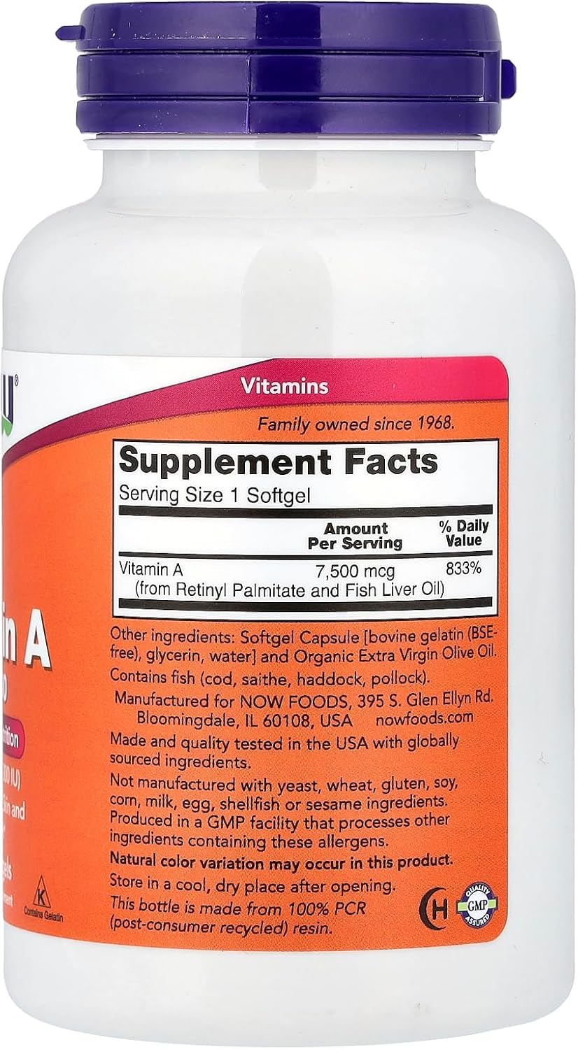 Now Foods Vitamin A 25000 IU softgels supplement facts label