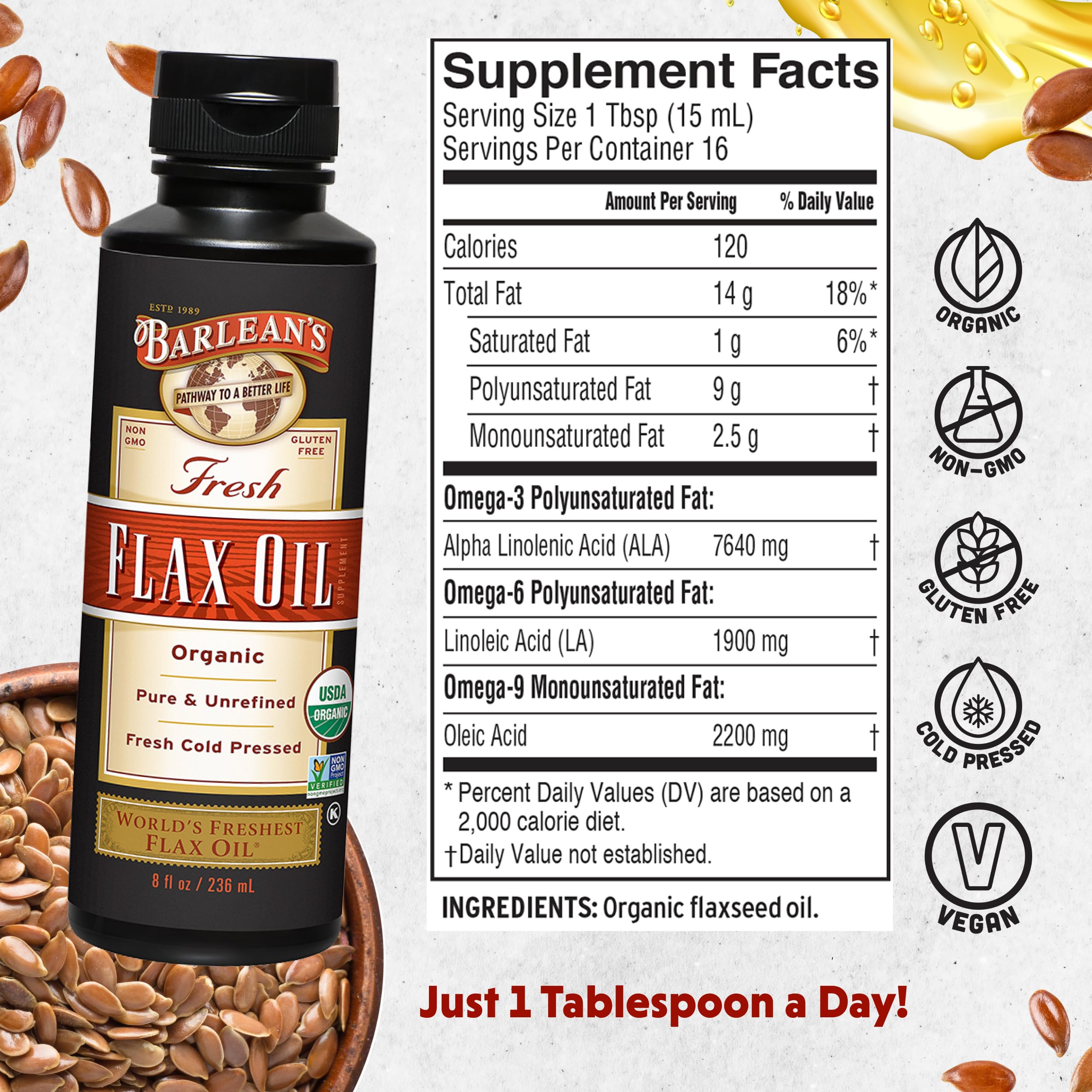 Barlean's cold pressed flax seed oil nutrition facts label detailing the alpha linolenic acid content.