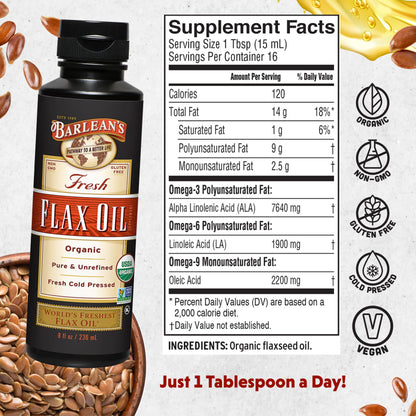 Barlean's cold pressed flax seed oil nutrition facts label detailing the alpha linolenic acid content.