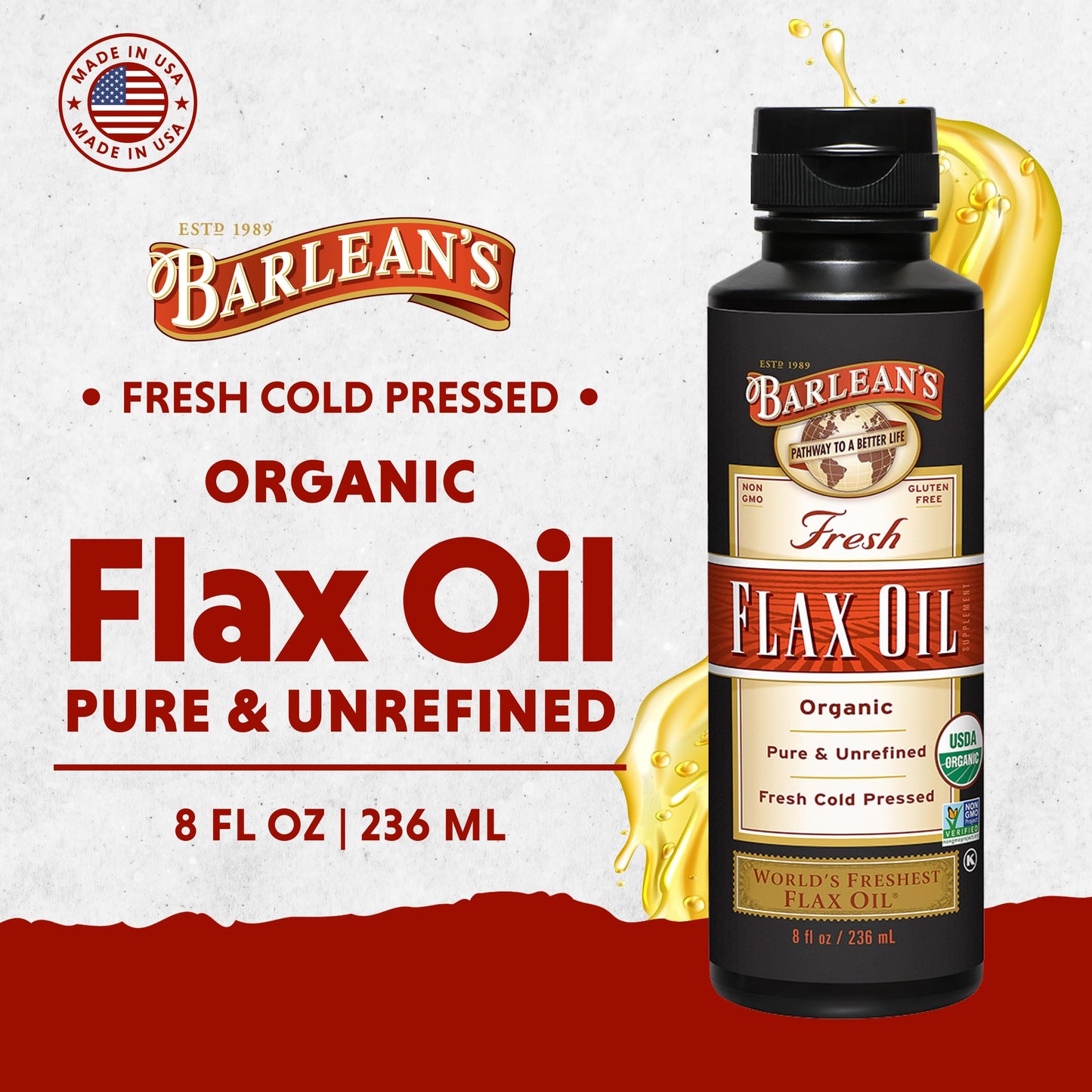 Unrefined organic flaxseed oil liquid bottle alongside fresh flax seeds showing natural ingredients.