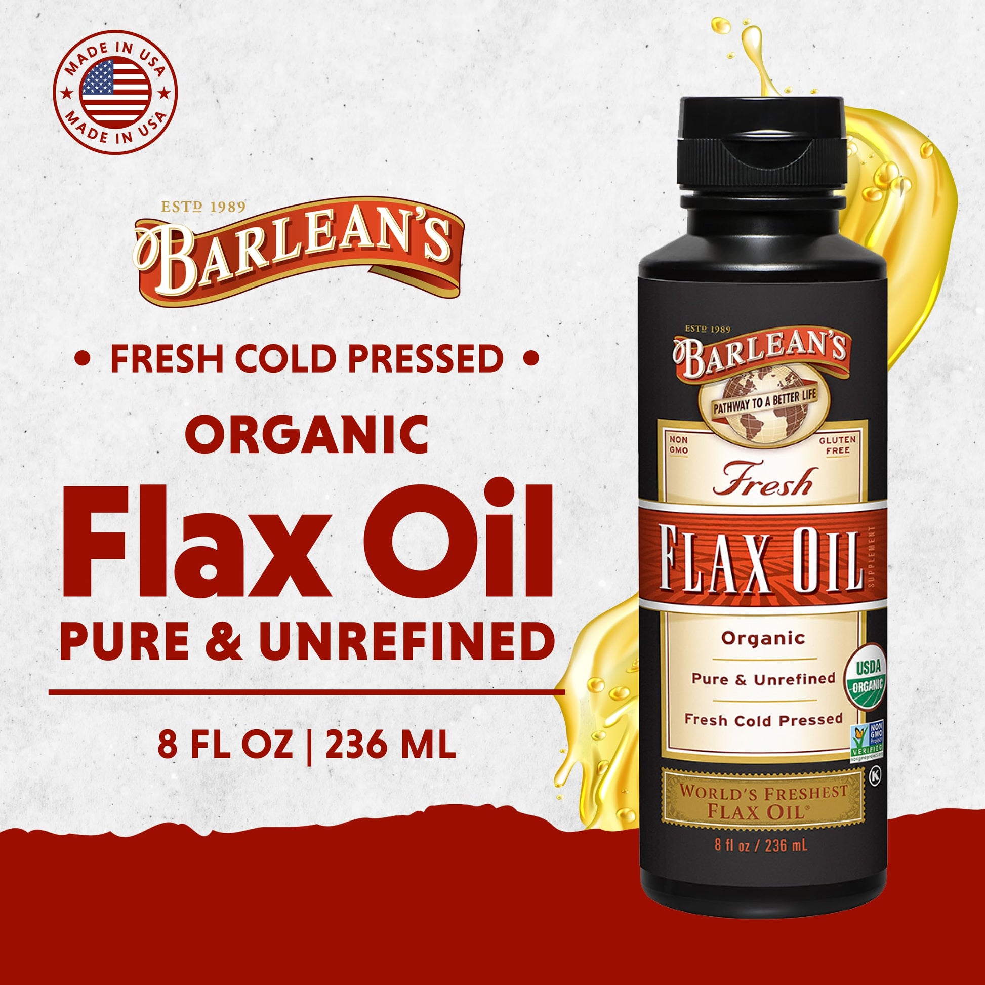 Unrefined organic flaxseed oil liquid bottle alongside fresh flax seeds showing natural ingredients.
