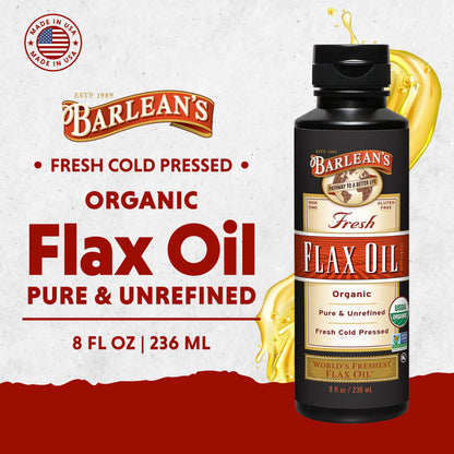 Unrefined organic flaxseed oil liquid bottle alongside fresh flax seeds showing natural ingredients.