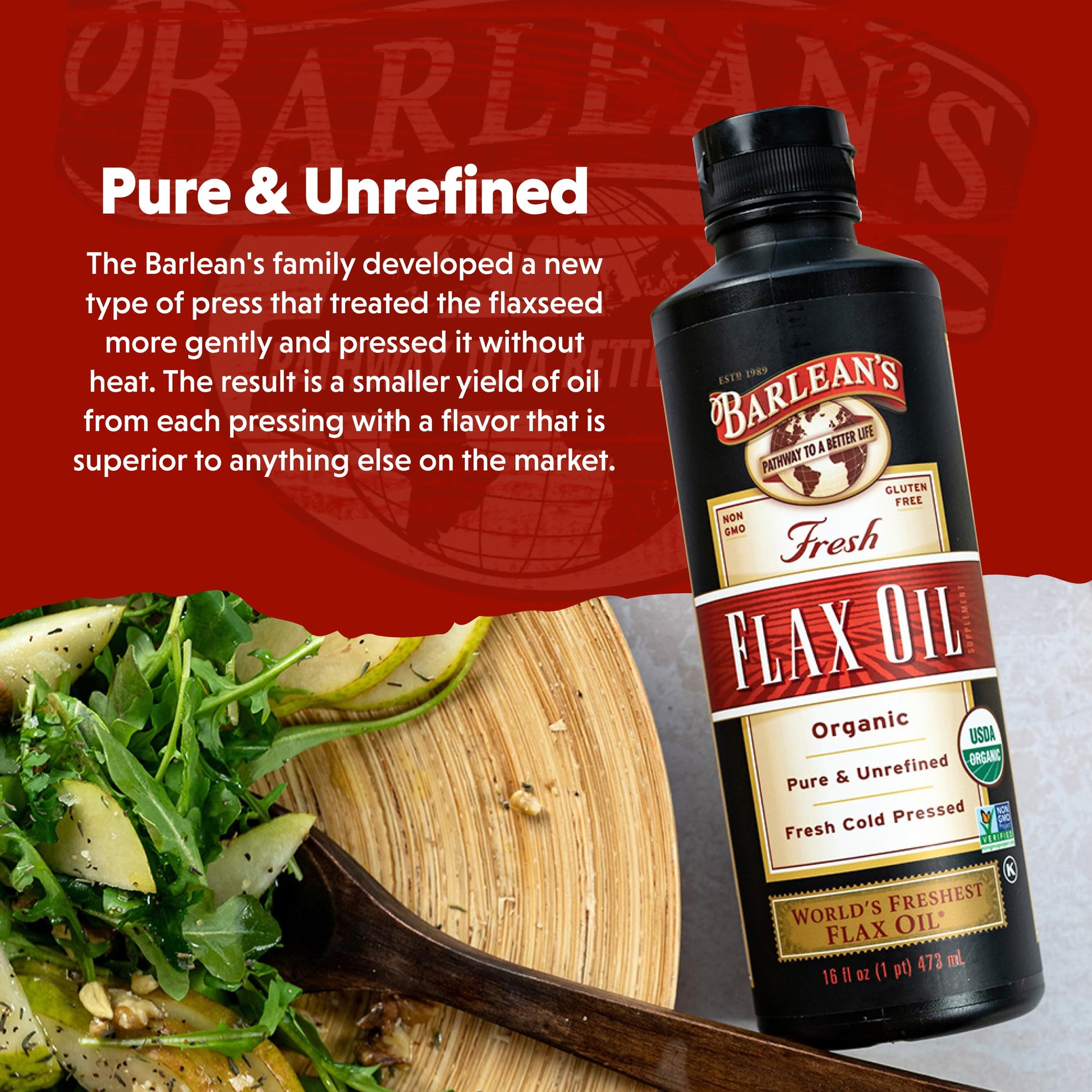 Pouring a tablespoon of organic unrefined flax oil from the dark amber protective bottle.
