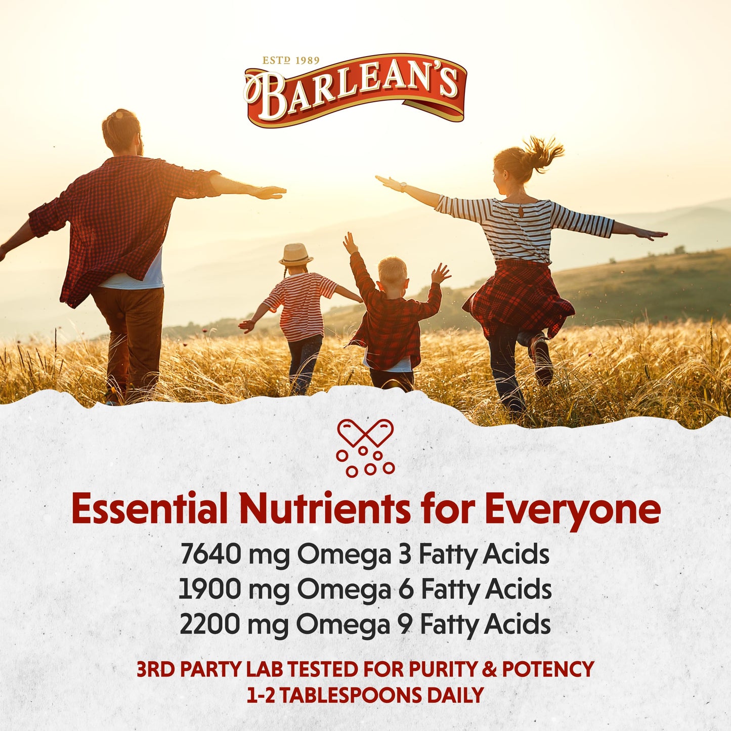 Barlean's gluten free non GMO flax oil liquid packaging highlighting heart and skin benefits.