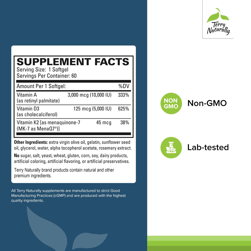 Terry Naturally A D3 K2 supplement bottle back nutrition label