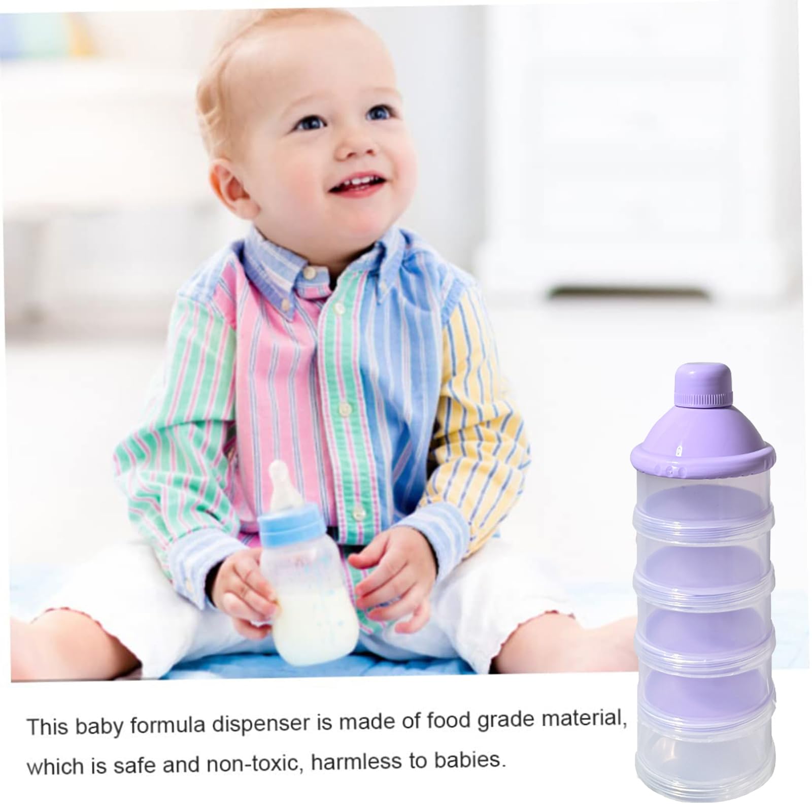 Compact purple portable infant formula container showing non spill screw design