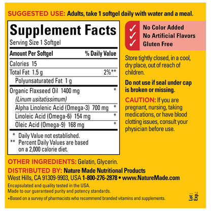 Authentic Nature Made organic flaxseed oil 100 count bottle standing upright on a clean surface