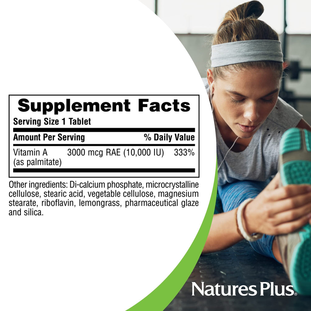 Nutritional facts panel on NaturesPlus vitamin A 90 count bottle