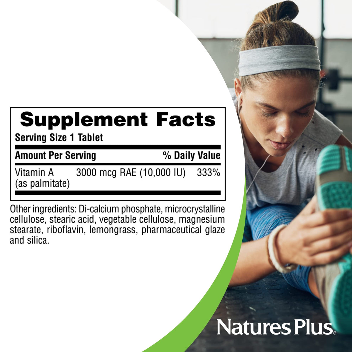 Nutritional facts panel on NaturesPlus vitamin A 90 count bottle