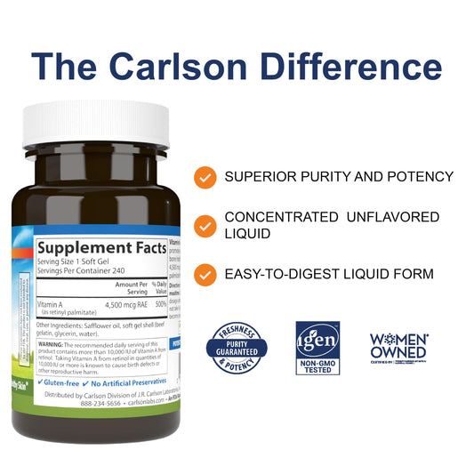 Carlson Vitamin A supplement bottle side view with label