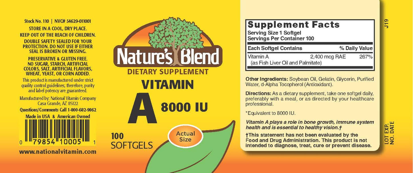 Close up of Natures Blend Vitamin A softgels supplement facts label