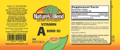Close up of Natures Blend Vitamin A softgels supplement facts label