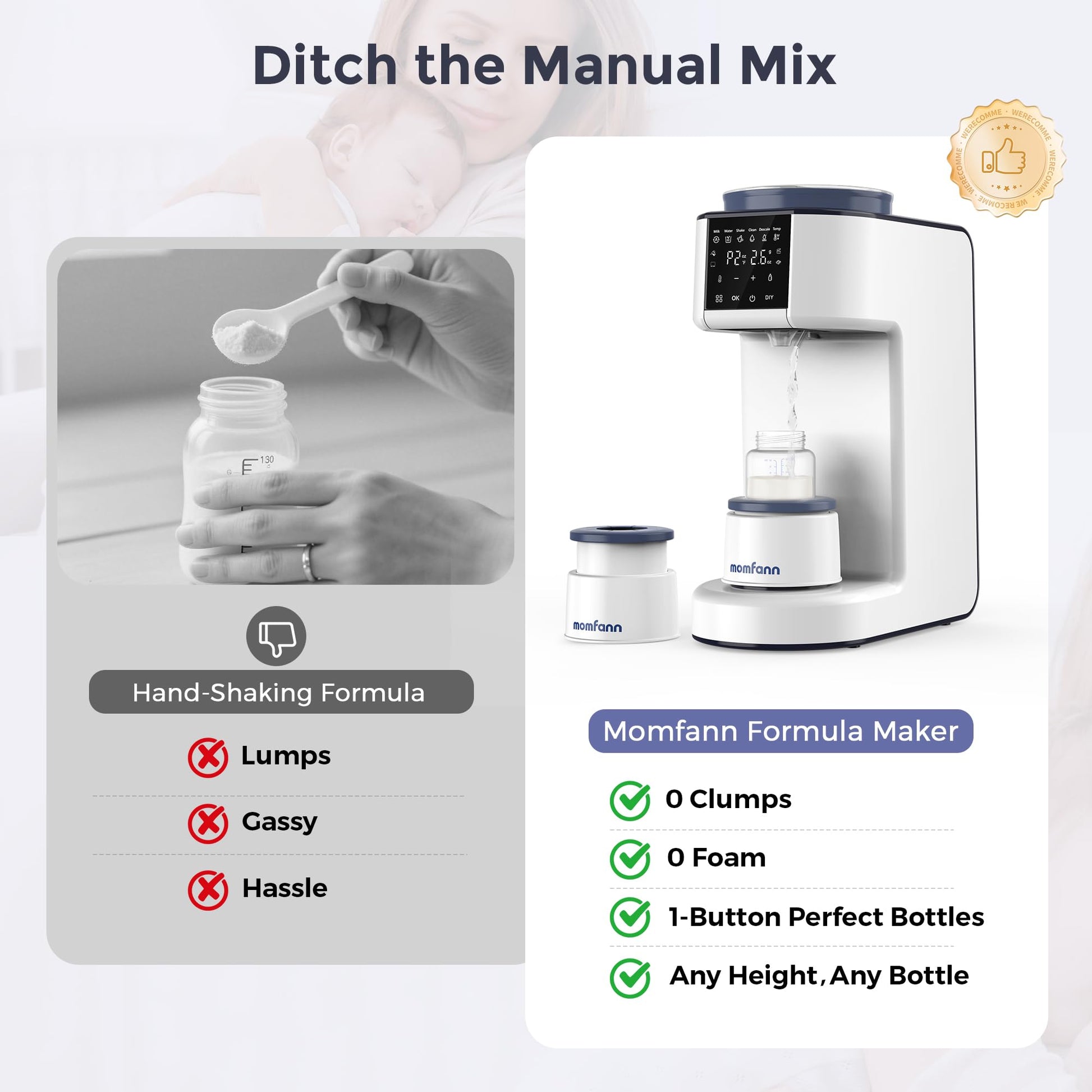 MOMFANN baby milk maker with the large two liter water tank detached from the back.