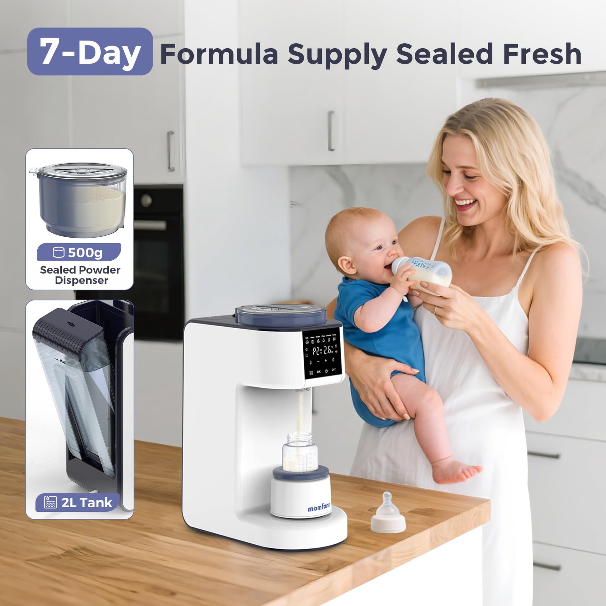 MOMFANN infant formula dispenser preparing a warm bottle on the adjustable base.