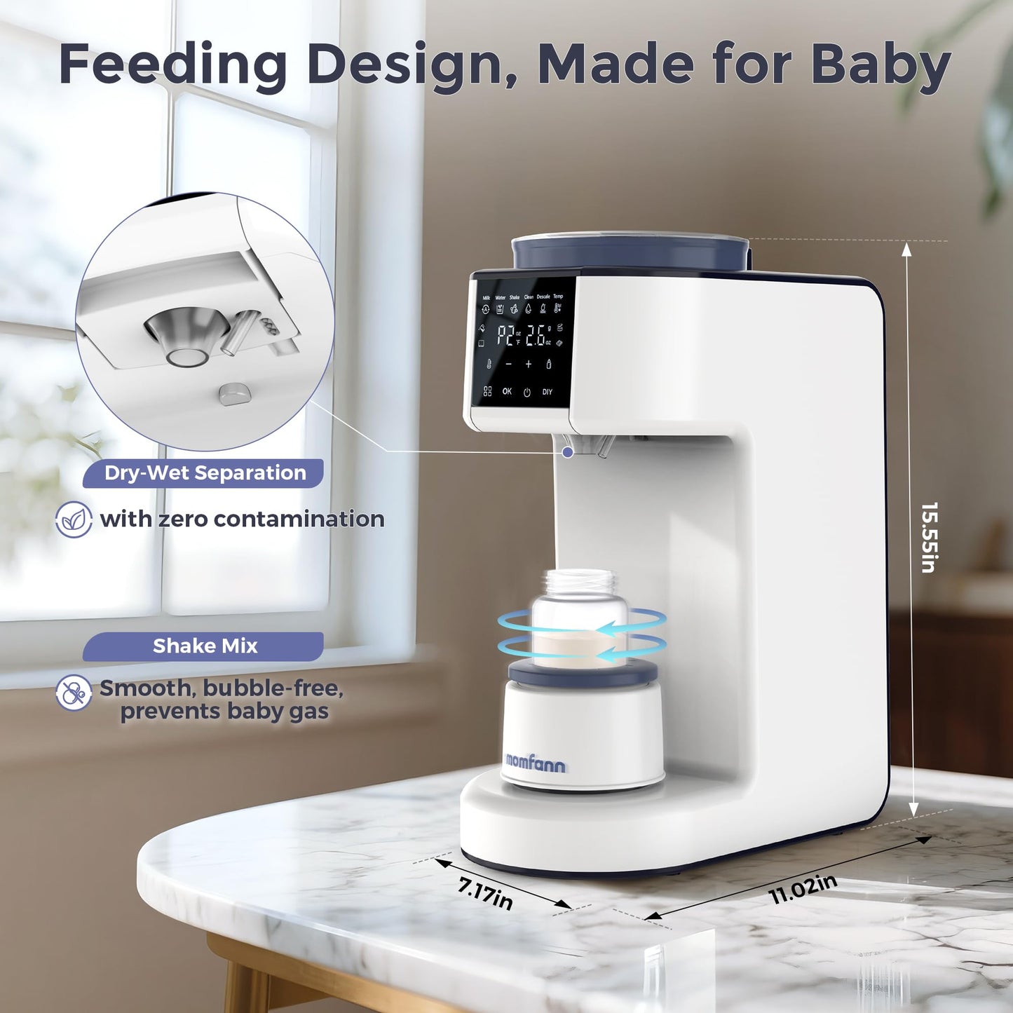 Side profile of the compact MOMFANN formula dispenser machine in a modern kitchen setup.