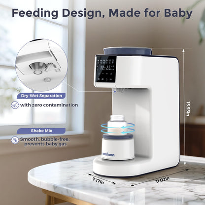 Side profile of the compact MOMFANN formula dispenser machine in a modern kitchen setup.