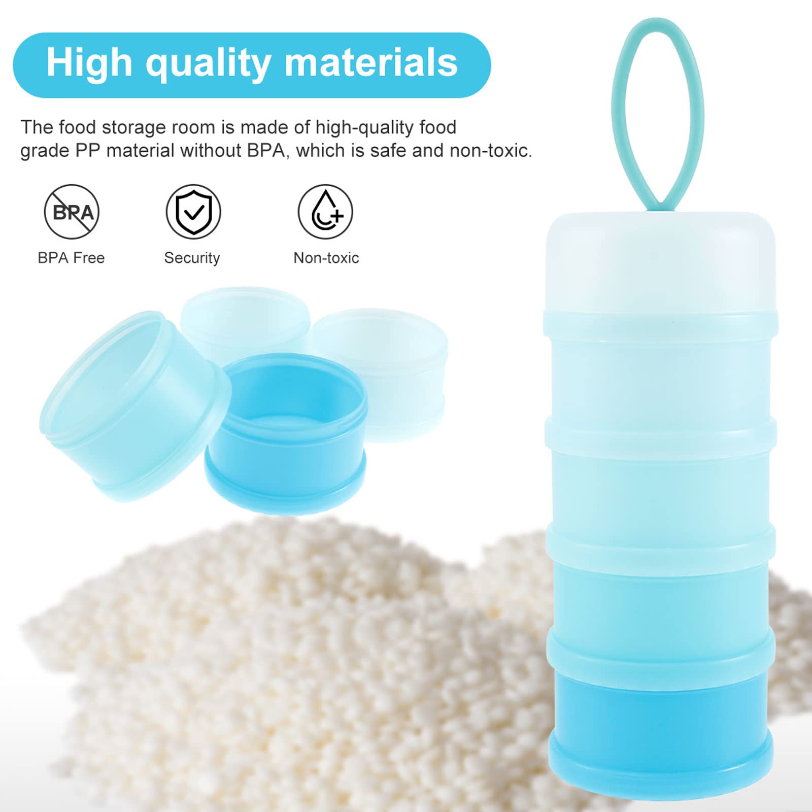 Manwetye blue formula dispenser showing the top funnel lid designed for seamless baby bottle pouring.