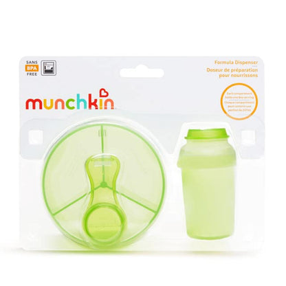 Side angle view of the green Munchkin baby formula milk dispenser set showing the secure snap tight lids