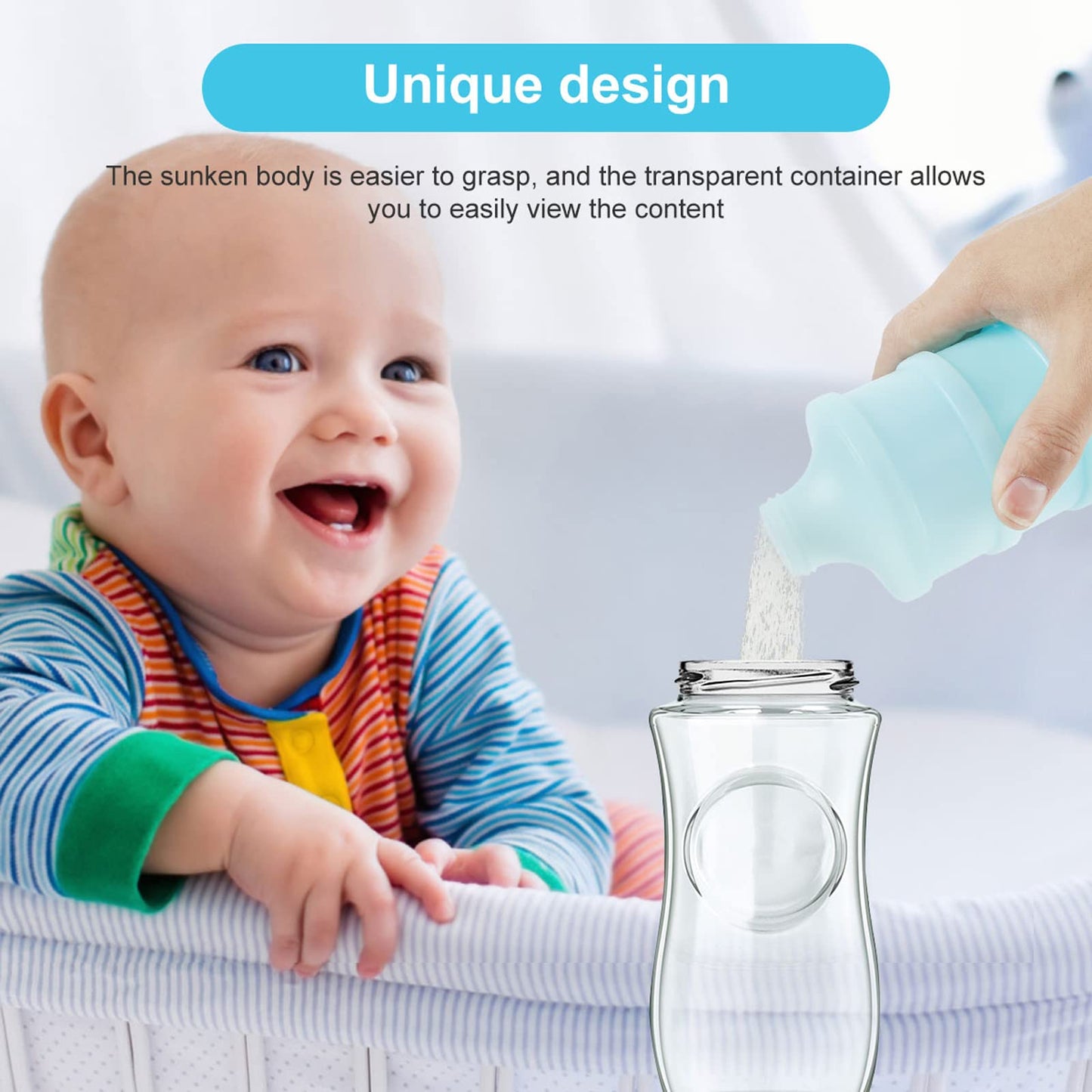 Manwetye multi layer infant snack box highlighting the secure silicone lanyard for stroller attachment.