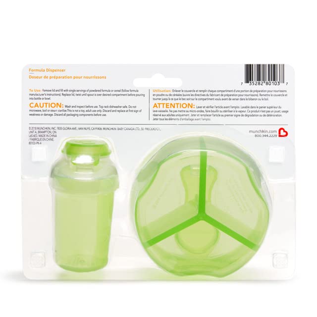 Close up view of the rotating lid and easy pour spout on the Munchkin infant formula travel storage container
