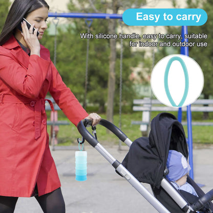Manwetye premium baby milk powder holder demonstrating the airtight threaded twist lock mechanism between layers.