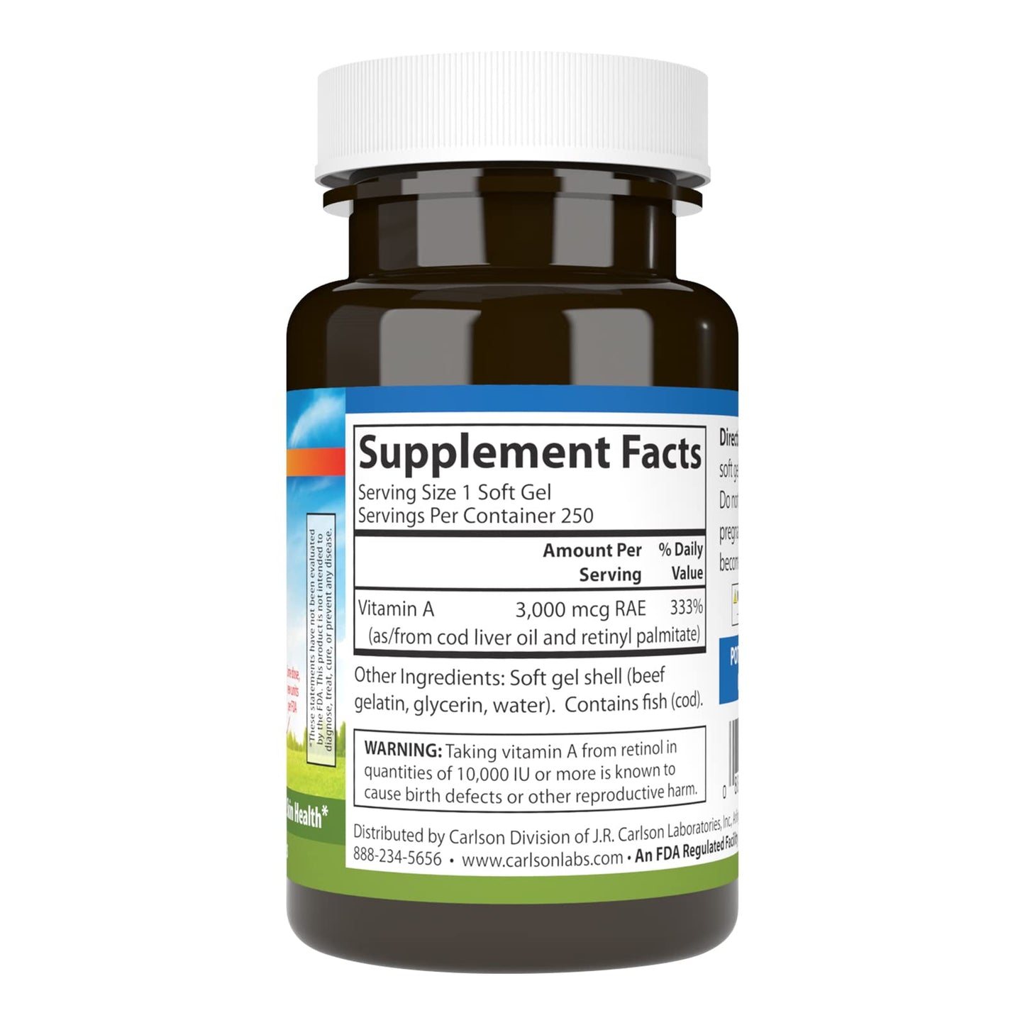 Carlson Vitamin A 250 softgels supplement bottle label details