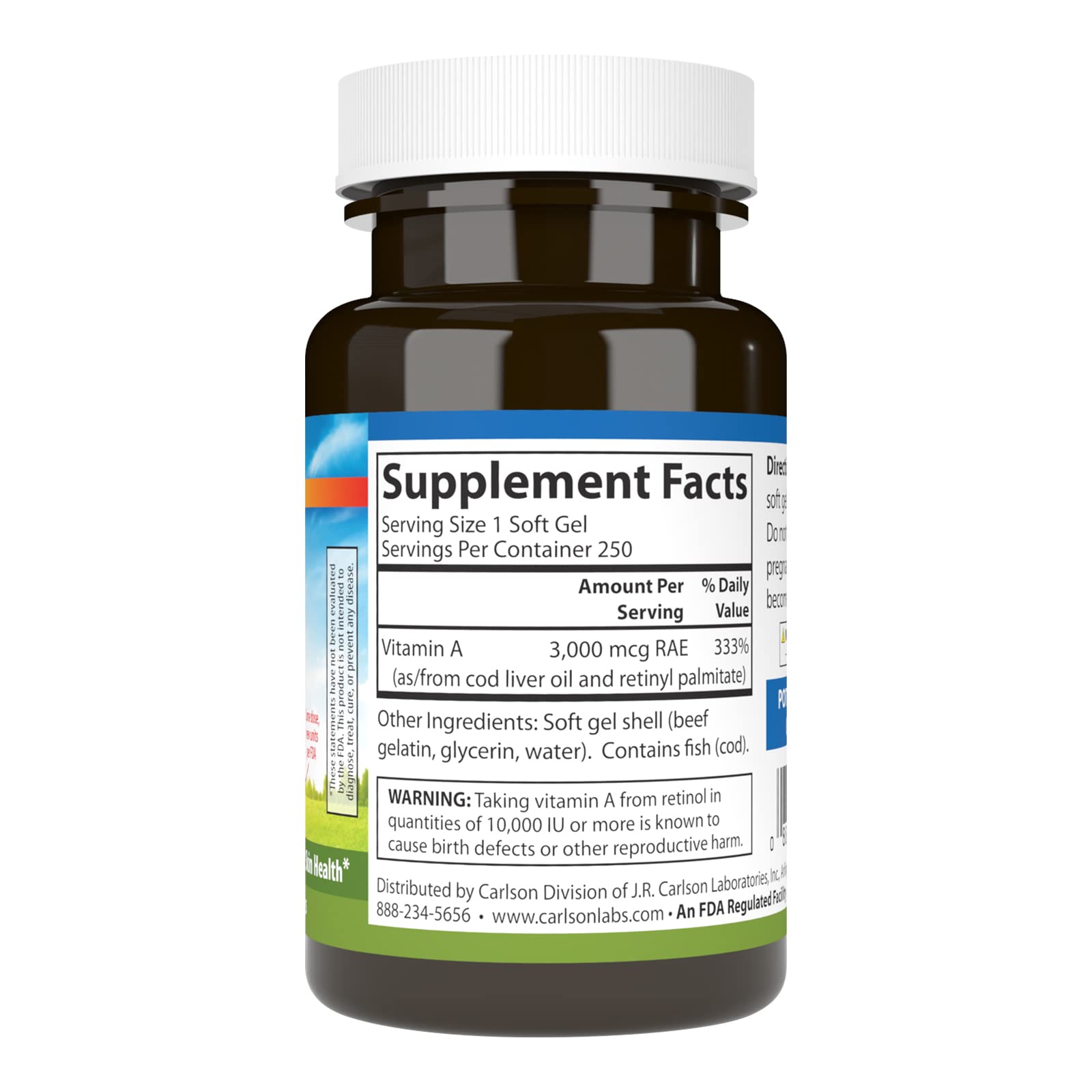 Carlson Vitamin A 250 softgels supplement bottle label details