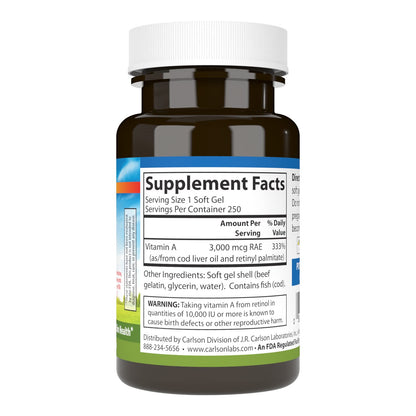 Carlson Vitamin A 250 softgels supplement bottle label details