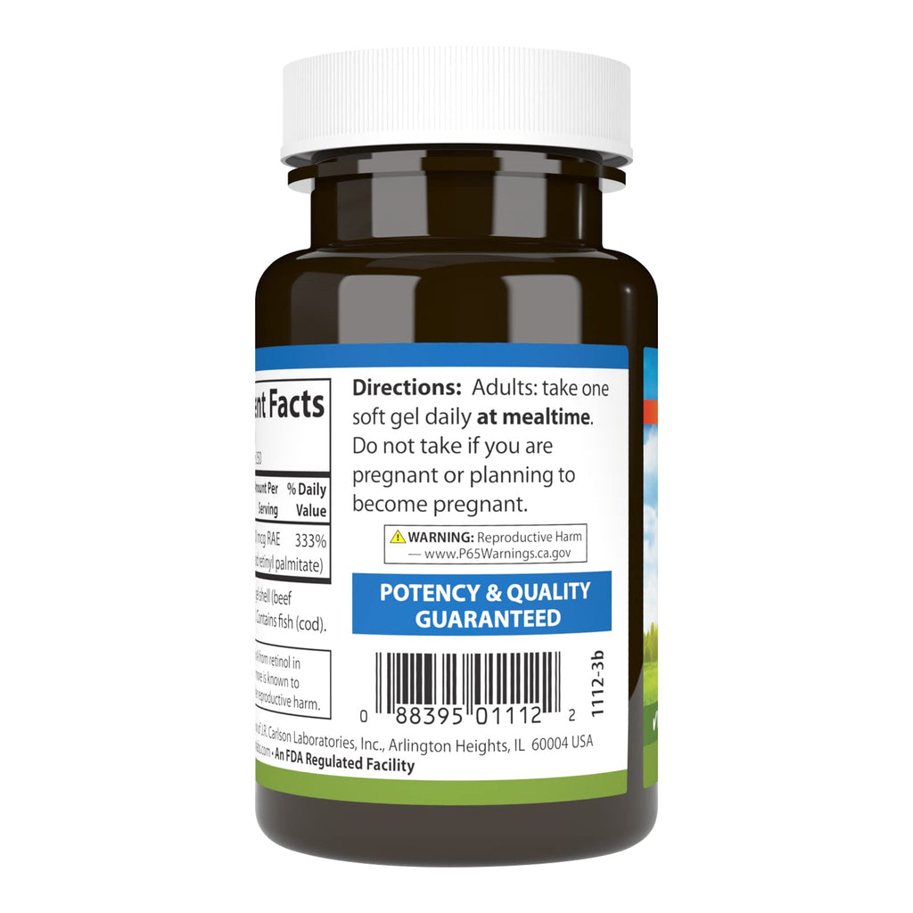 Carlson Vitamin A 250 softgels supplement facts label