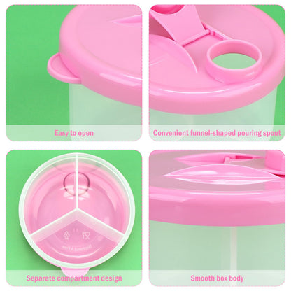 Pink Accmor non spill toddler snack box with pouring spout open