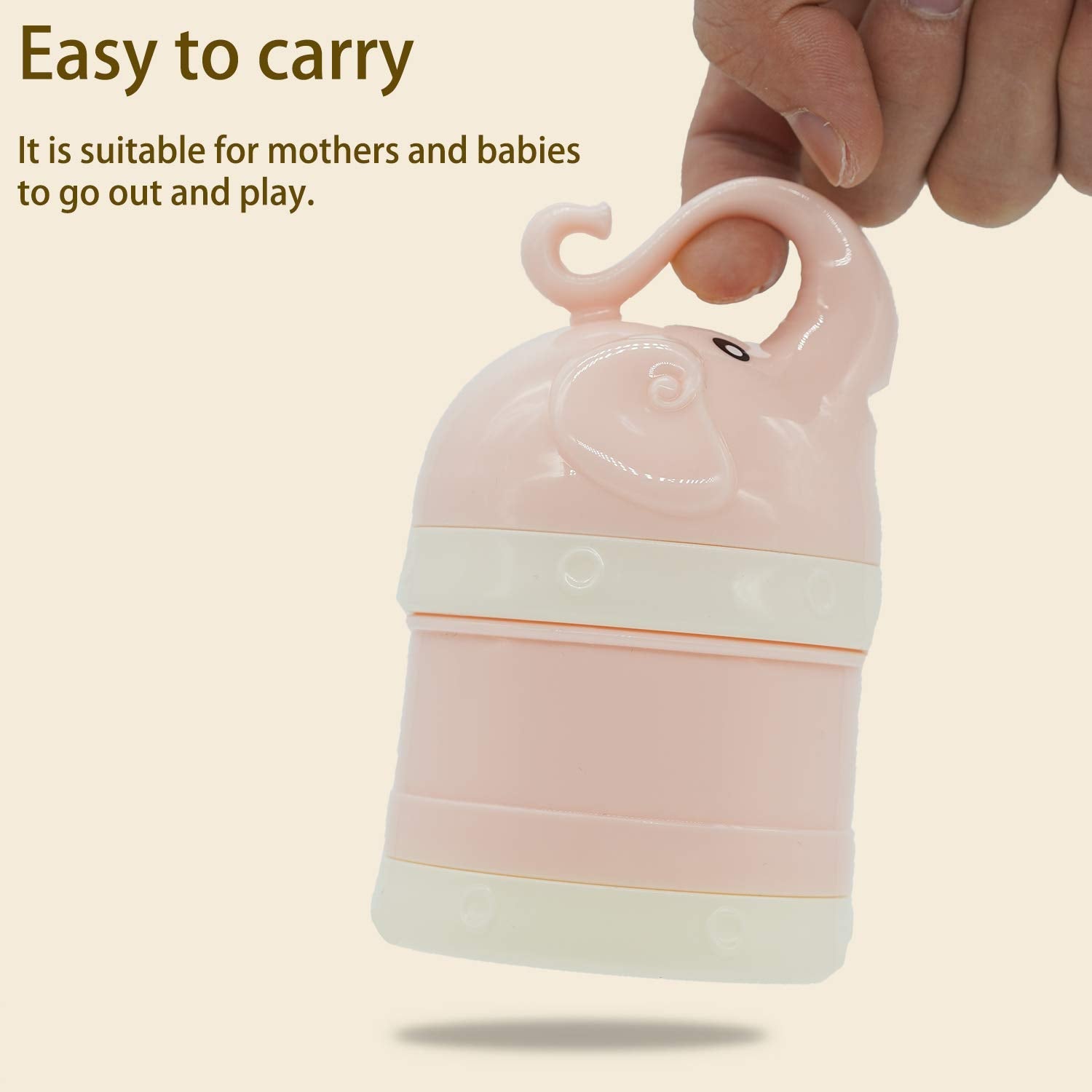 Separated individual pink layers of the travel formula container illustrating the independent twist lock seals and food grade plastic material
