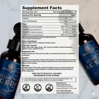 Close up of Prime Code Vitamin A C D3 E supplement bottle