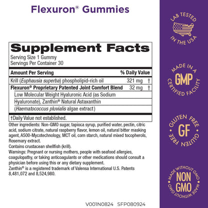Purity Products Flexuron Berry Surprise flavor supplement bottle showing nutritional information facts.