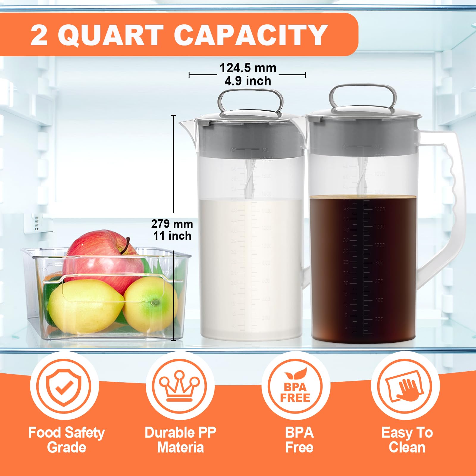 Baby formula mixing pitcher with angled blades and plunger lid assembly displayed next to container