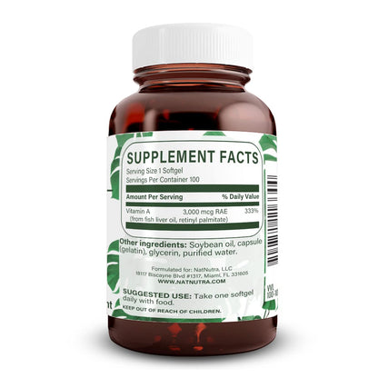 Natural Nutra Vitamin A softgels label showing high potency ingredients and fish liver oil source.