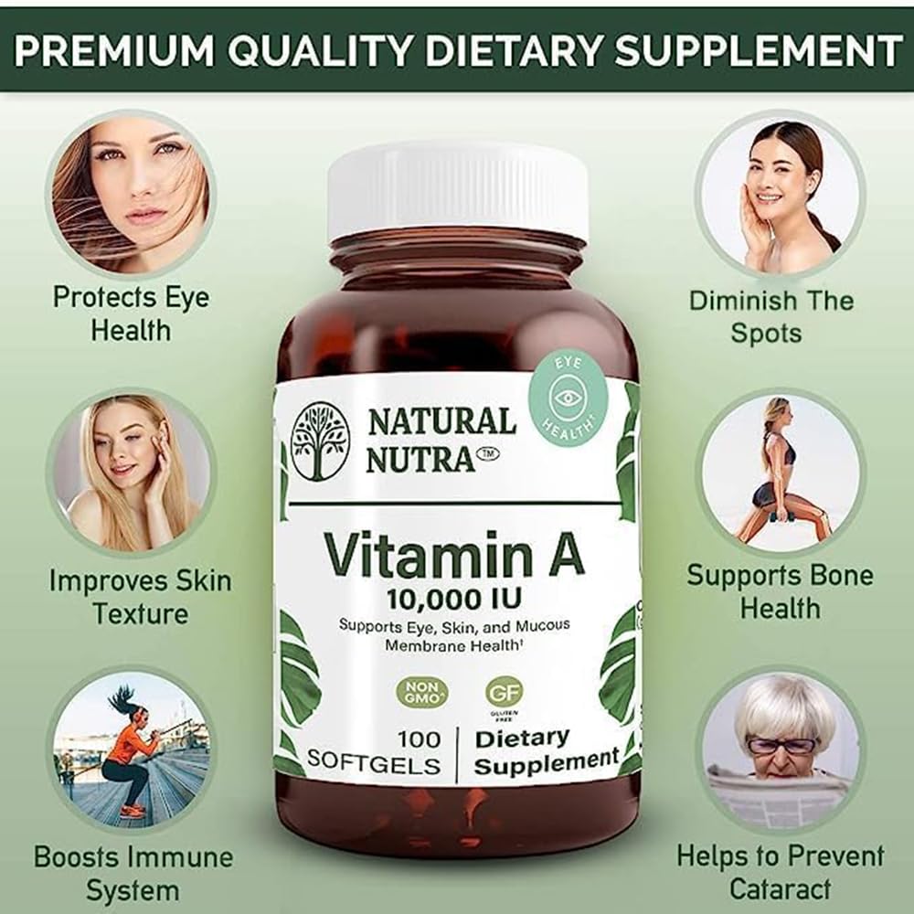 Side profile of gluten free Vitamin A 10000 IU bottle displaying product specifications and capsule count.