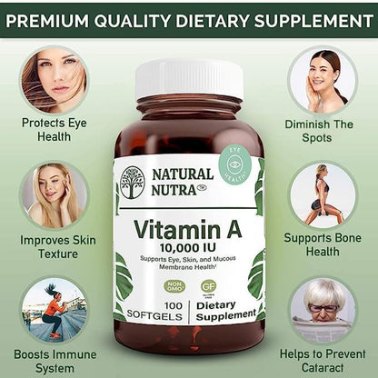 Side profile of gluten free Vitamin A 10000 IU bottle displaying product specifications and capsule count.