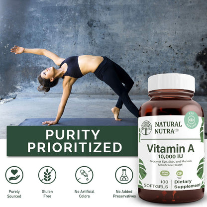 Close up look of the supplement facts panel on the back of Natural Nutra Vitamin A bottle.