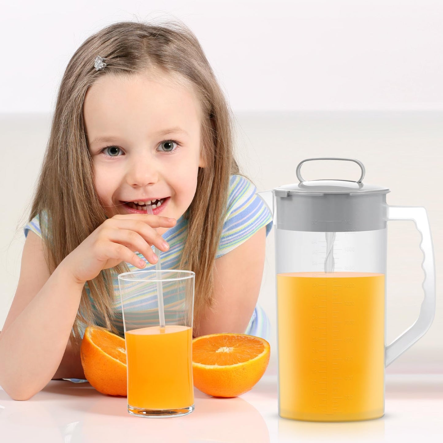 Thickened plastic milk pitcher stored inside a refrigerator shelf for daily meal prep