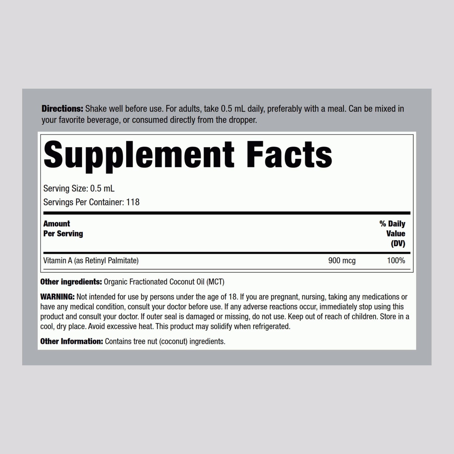 Piping Rock Vitamin A liquid supplement with organic MCT oil bottle