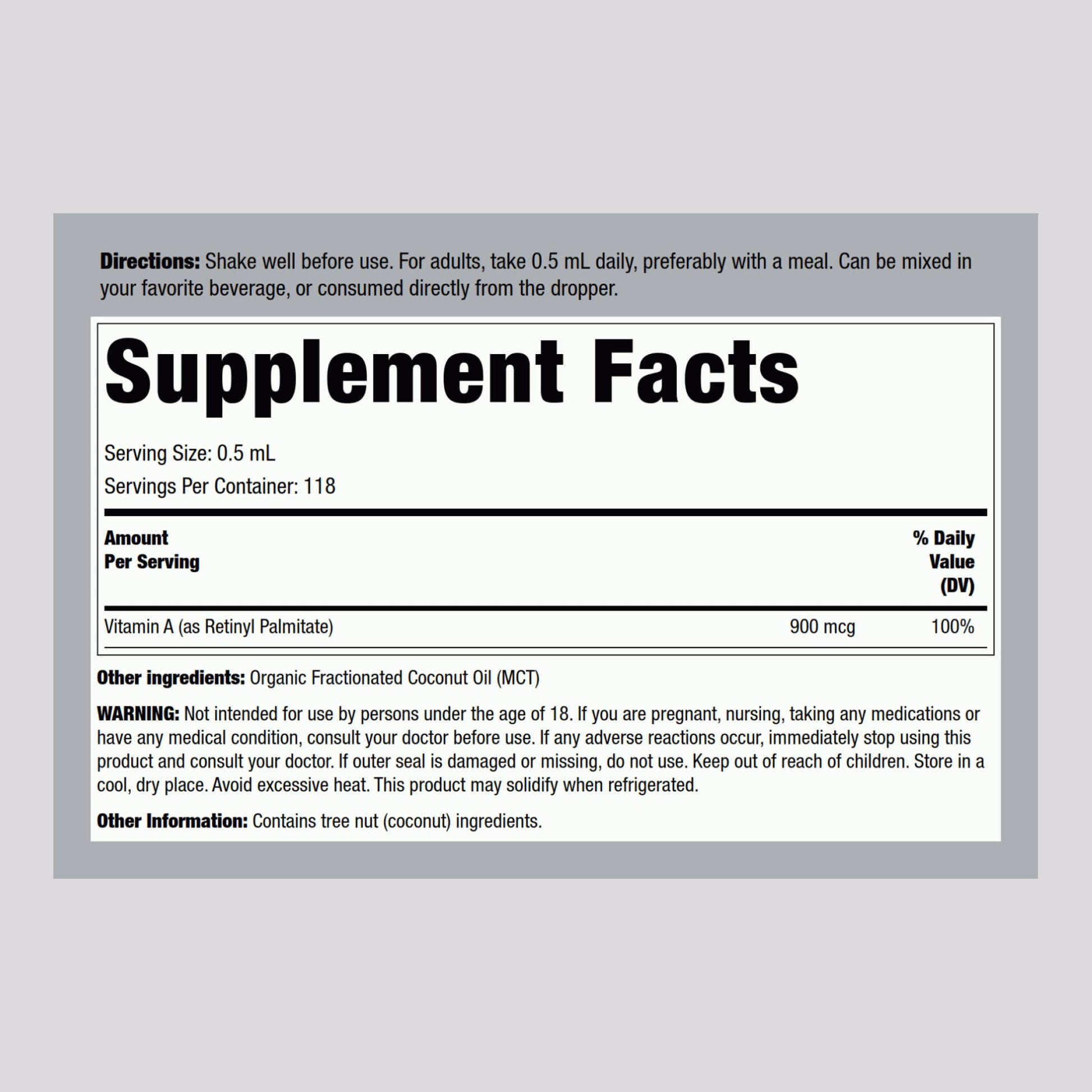 Piping Rock Vitamin A liquid supplement with organic MCT oil bottle